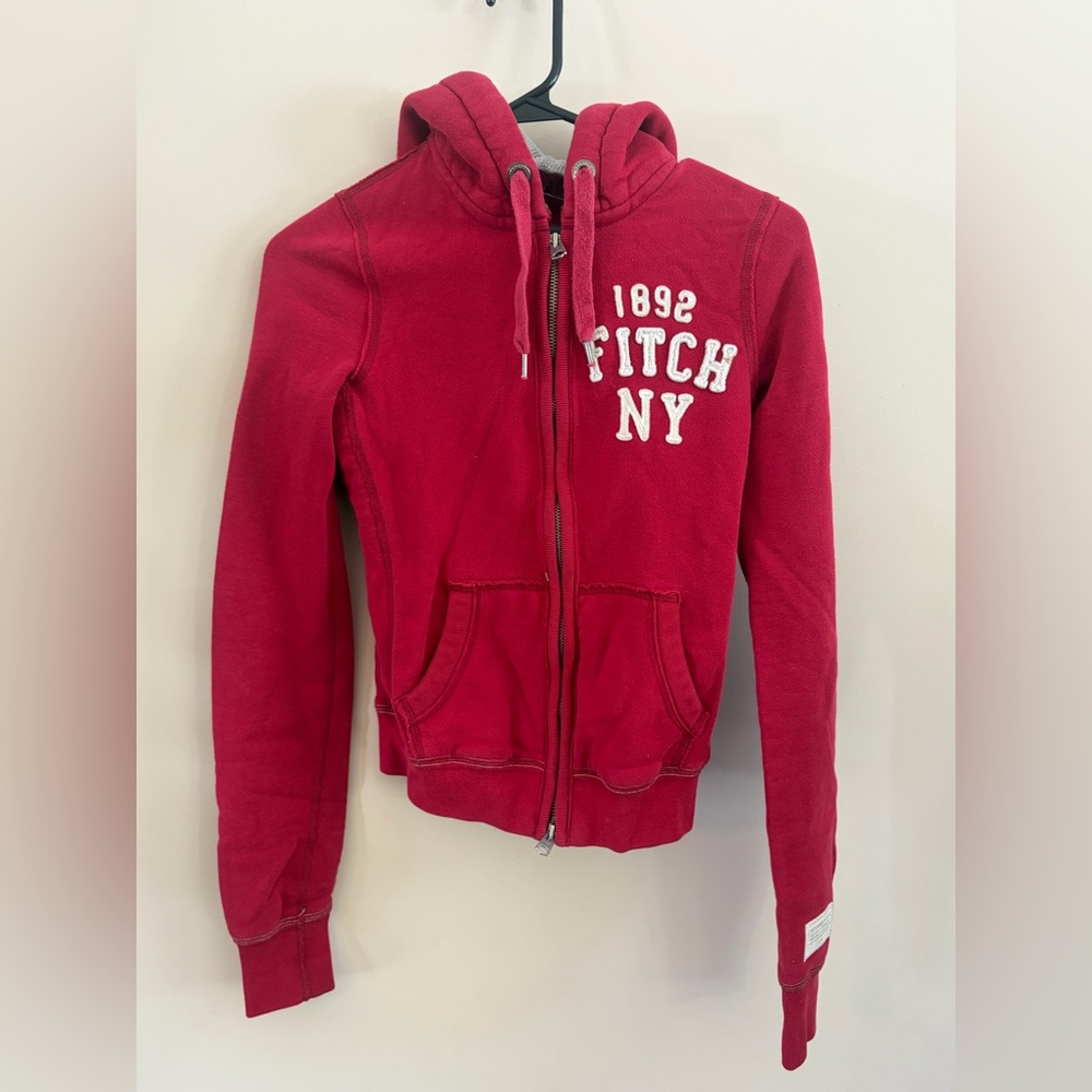 Abercrombie & Fitch Y2K Full Zip Hoodie Sweatshirt, Red Hooded Zip Up Sweater